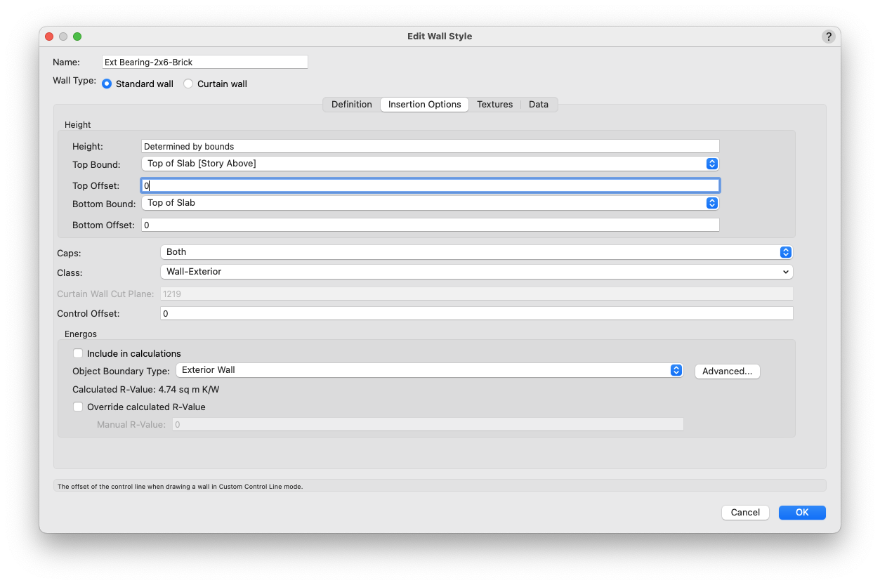 The Insertion option tab of the Edit Wall Style dialogue