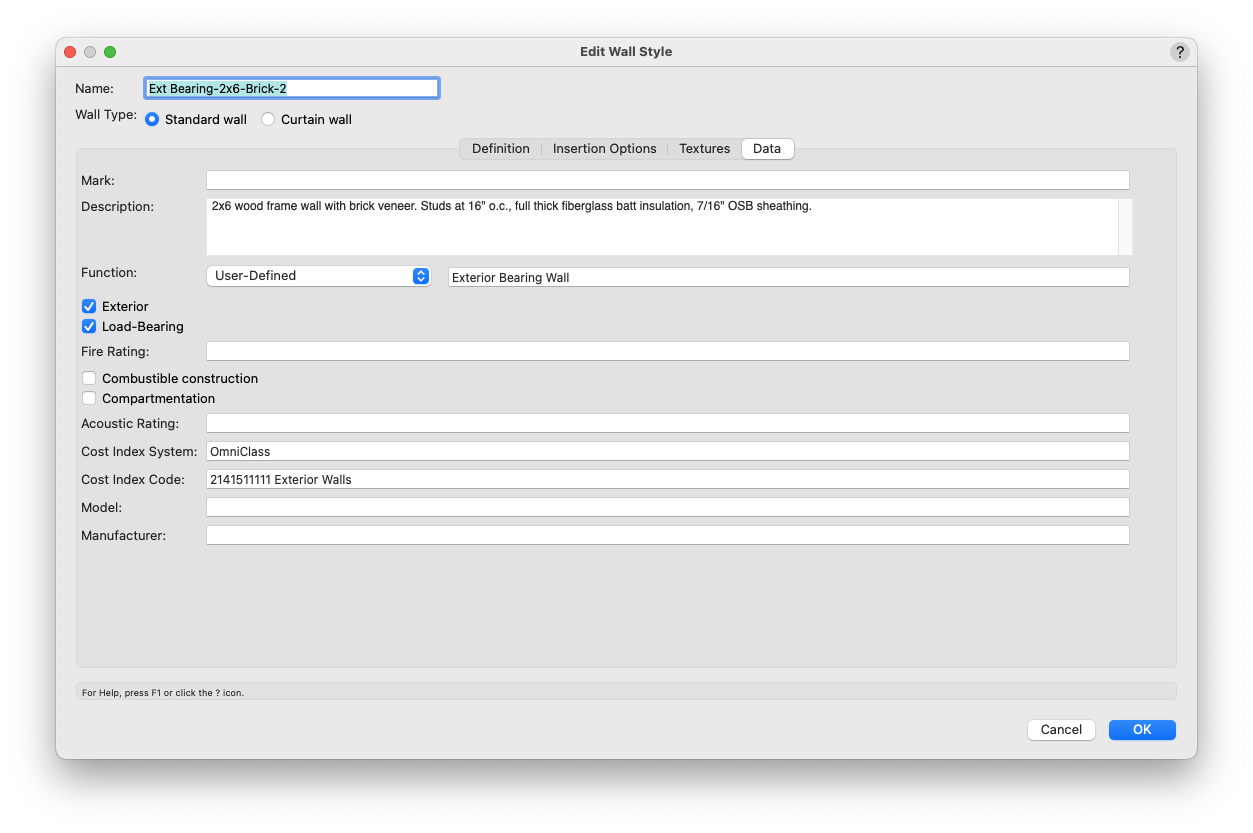 The Edit Wall Style dialogues Data tab