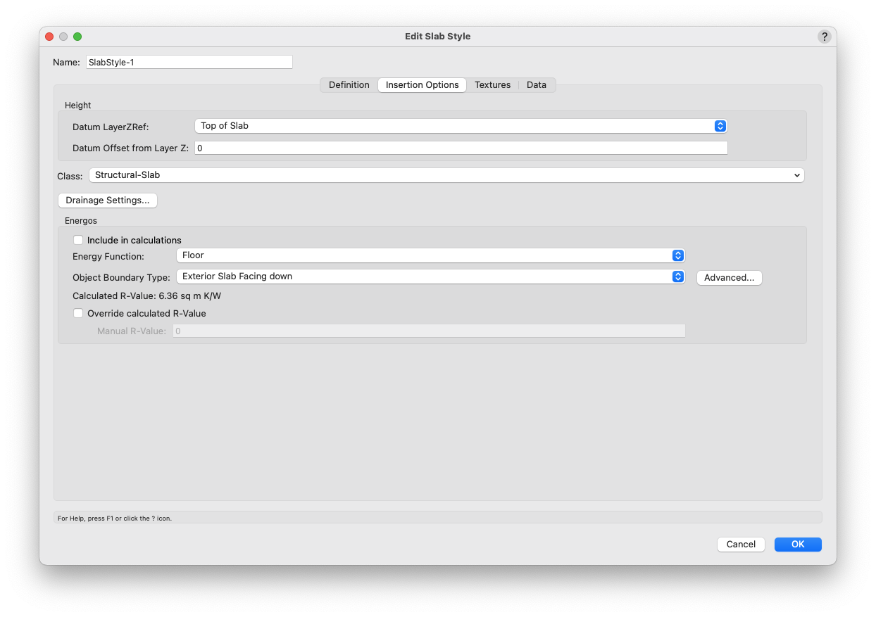 the Insertion Options tab of the Slab Style dialogue