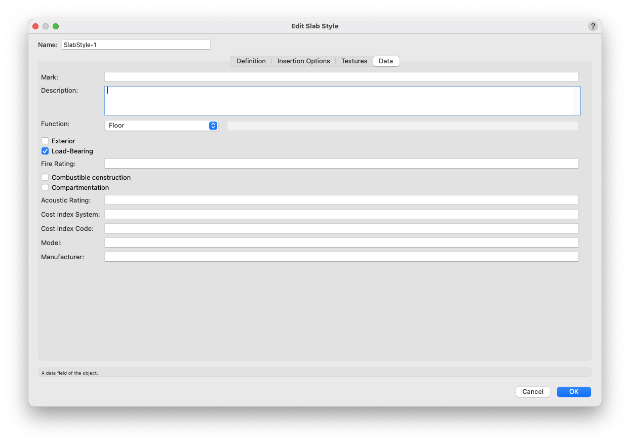 The Slab Style dialogues Data tab