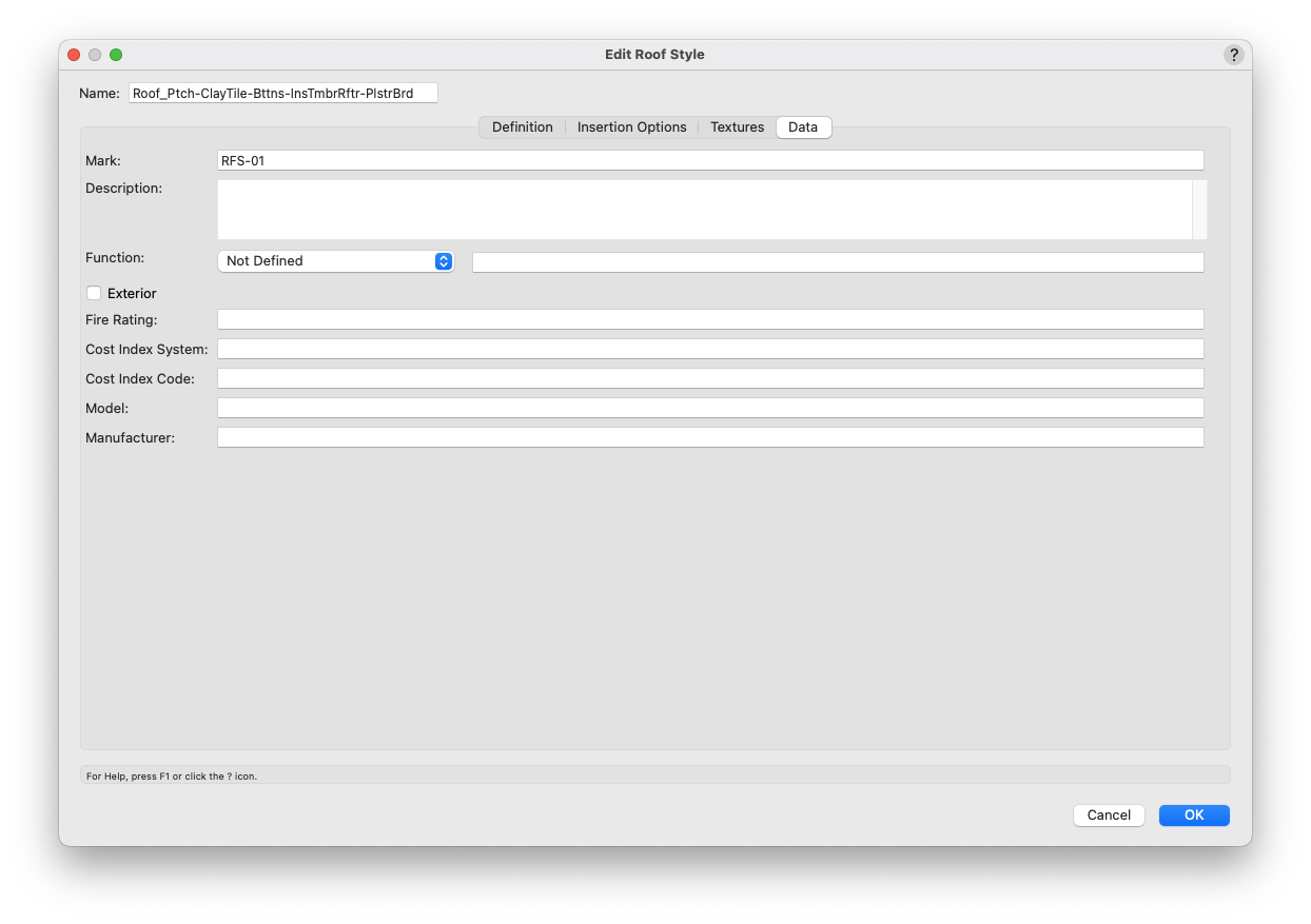 The Roof Style dialogues Data tab