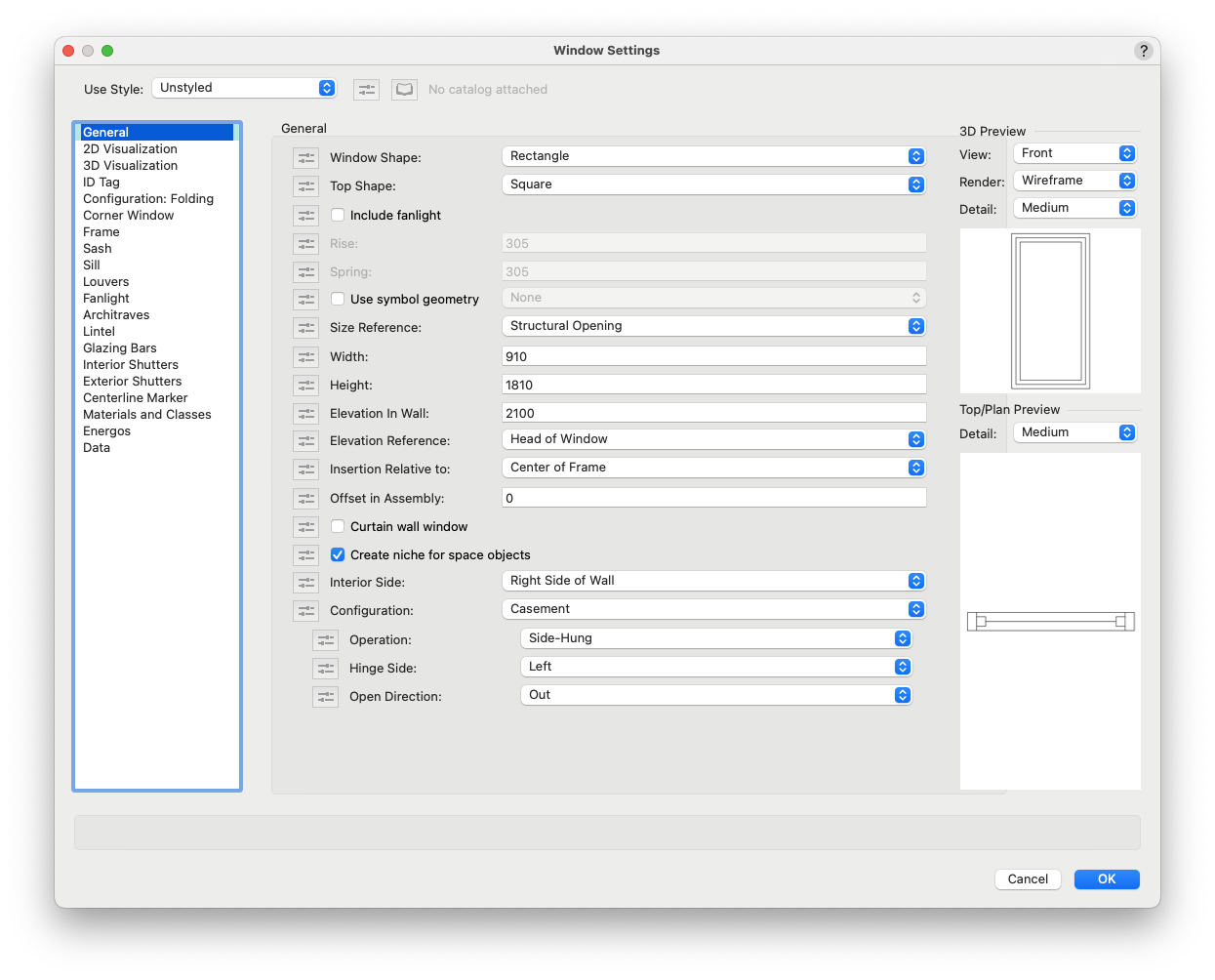 The Window Settings dialogue General pane