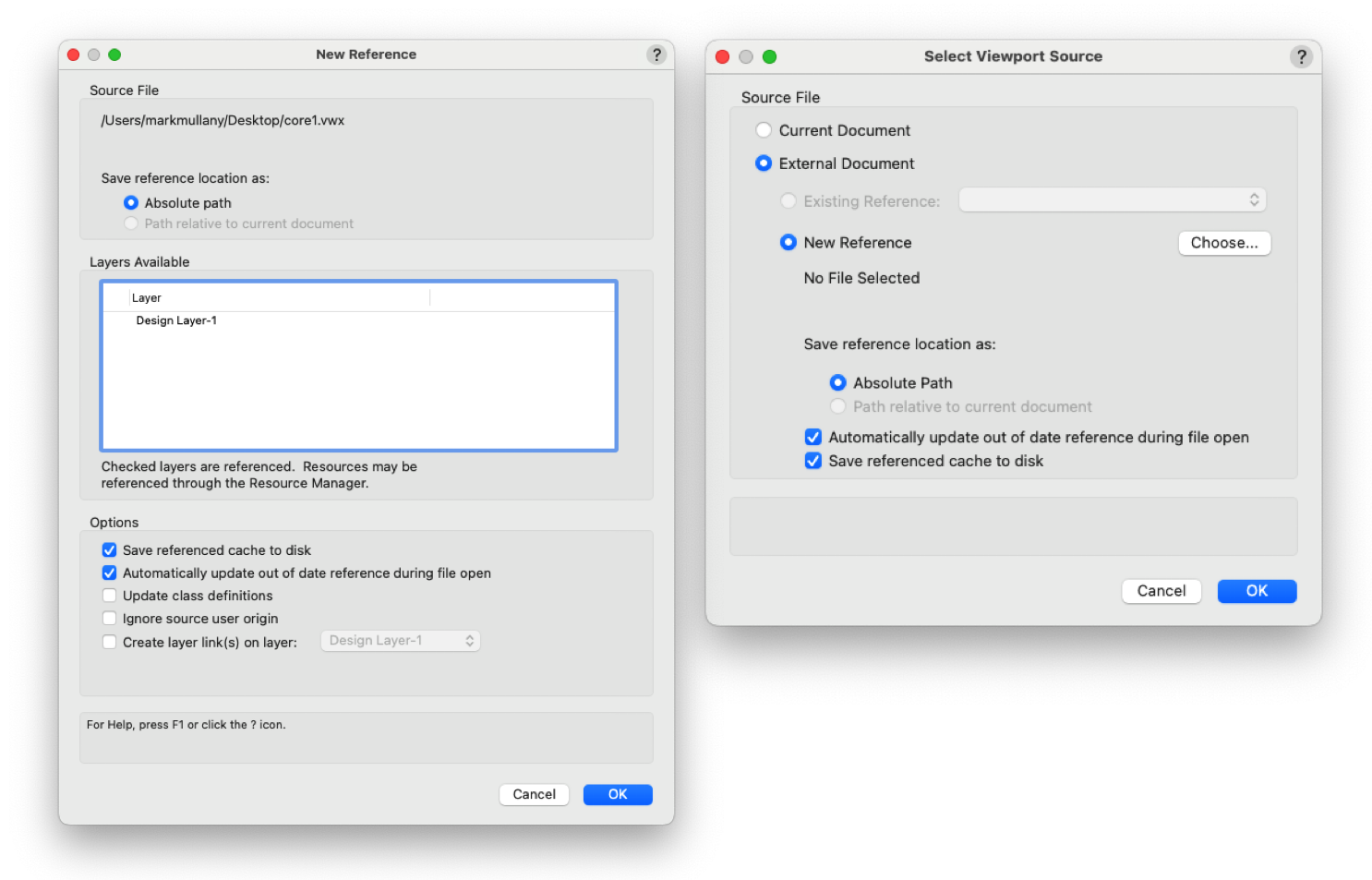 Left: The Layer Import Source Dialogue
Right: The Design Layer Viewport Source Dialogue